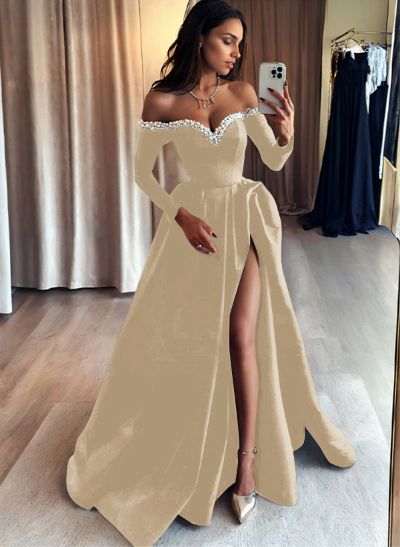 A-Line Off-The-Shoulder Long Sleeves Satin Evening Dresses With Beading