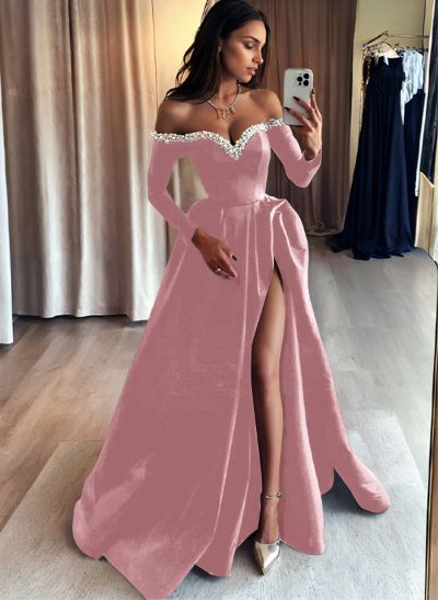 A-Line Off-The-Shoulder Long Sleeves Satin Evening Dresses With Beading