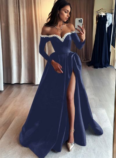 A-Line Off-The-Shoulder Long Sleeves Satin Evening Dresses With Beading