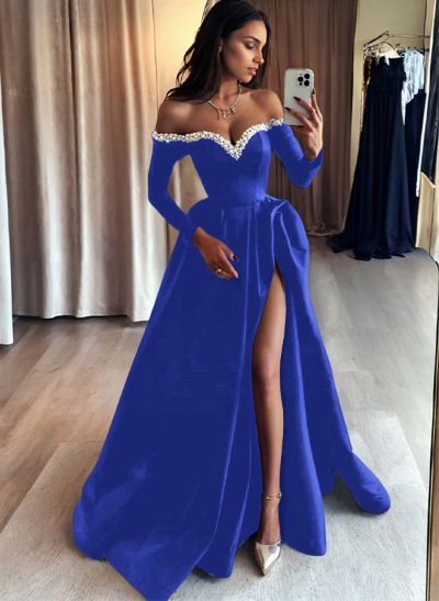 A-Line Off-The-Shoulder Long Sleeves Satin Evening Dresses With Beading