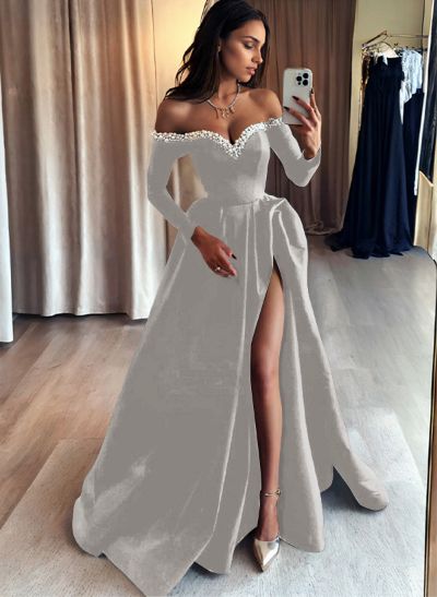 A-Line Off-The-Shoulder Long Sleeves Satin Evening Dresses With Beading