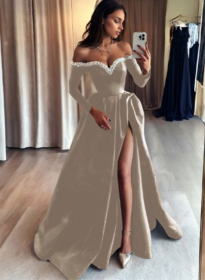 A-Line Off-The-Shoulder Long Sleeves Satin Evening Dresses With Beading