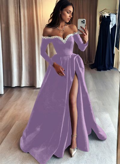 A-Line Off-The-Shoulder Long Sleeves Satin Evening Dresses With Beading