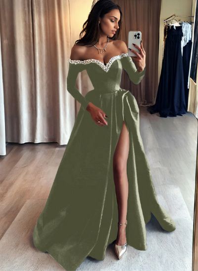 A-Line Off-The-Shoulder Long Sleeves Satin Evening Dresses With Beading