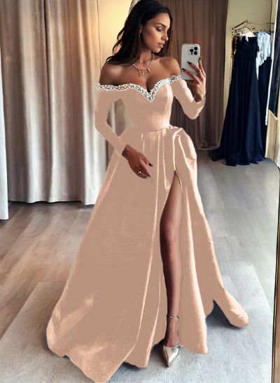 A-Line Off-The-Shoulder Long Sleeves Satin Evening Dresses With Beading