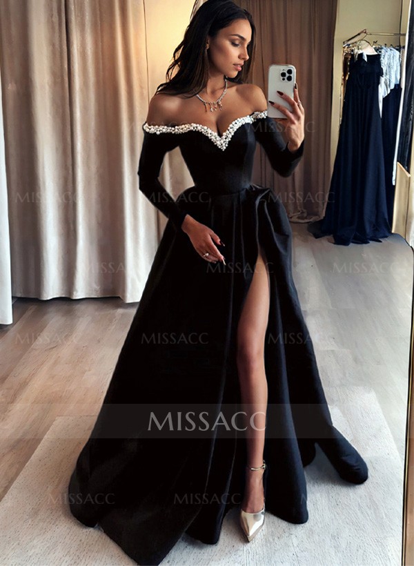 A-Line Off-The-Shoulder Long Sleeves Satin Evening Dresses With Beading