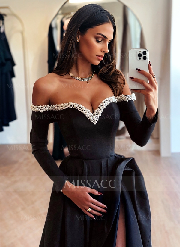 A-Line Off-The-Shoulder Long Sleeves Satin Evening Dresses With Beading