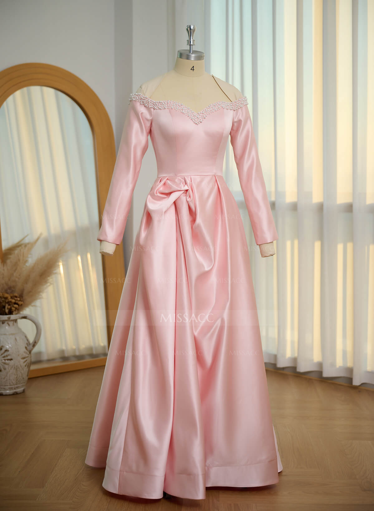 A-Line Off-The-Shoulder Long Sleeves Satin Evening Dresses With Beading