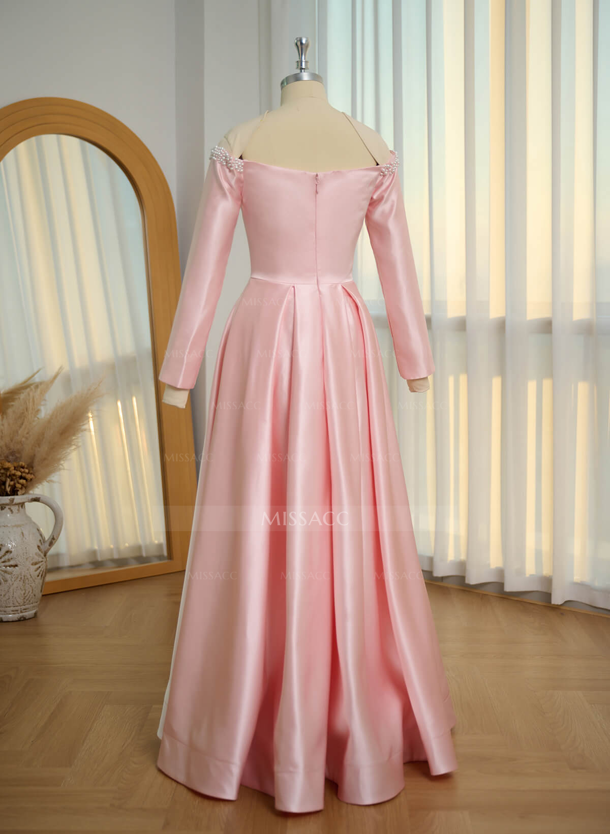 A-Line Off-The-Shoulder Long Sleeves Satin Evening Dresses With Beading