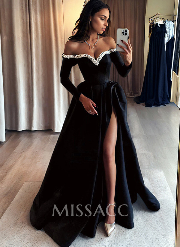 A-Line Off-The-Shoulder Long Sleeves Satin Evening Dresses With Beading A-Line Off-The-Shoulder Long Sleeves Satin Evening Dresses With Beading