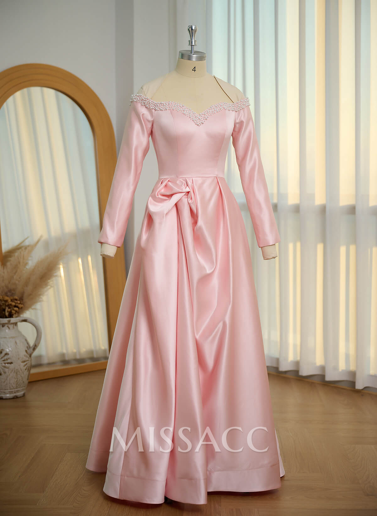 A-Line Off-The-Shoulder Long Sleeves Satin Evening Dresses With Beading A-Line Off-The-Shoulder Long Sleeves Satin Evening Dresses With Beading