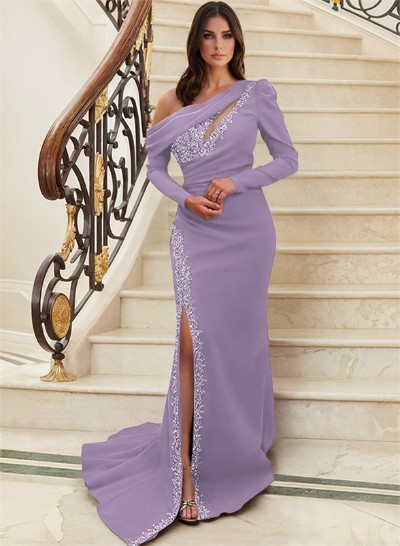 Long Sleeves Asymmetrical Neck Beading Evening Dresses With Sheath/Column