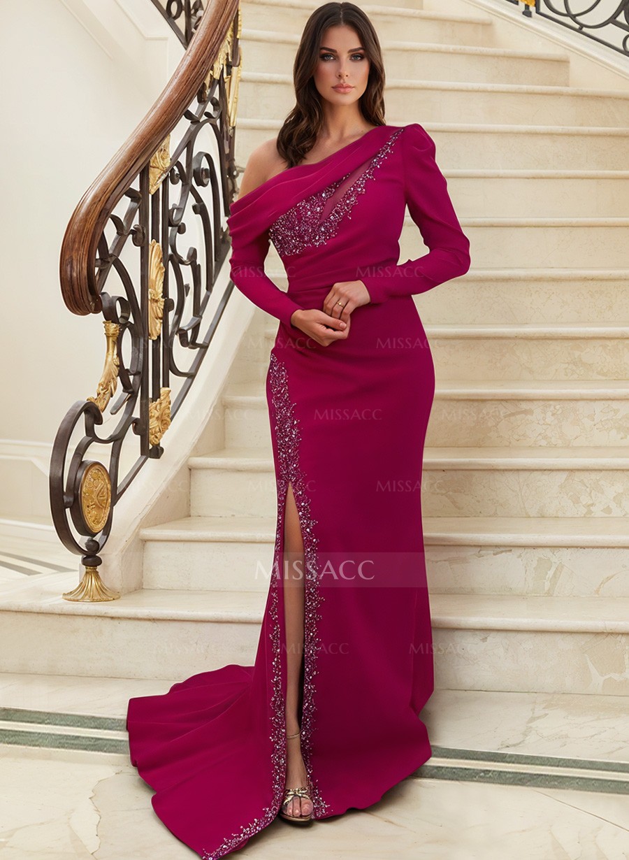 Long Sleeves Asymmetrical Neck Beading Evening Dresses With Sheath/Column