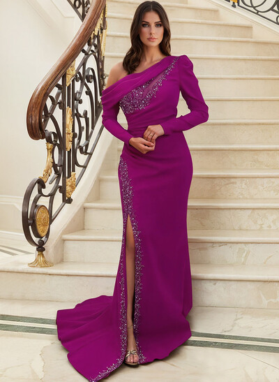 Long Sleeves Asymmetrical Neck Beading Evening Dresses With Sheath/Column