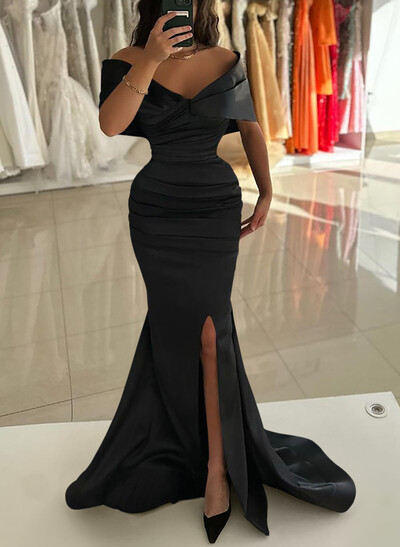 Trumpet/Mermaid Off-The-Shoulder Sweep Train Satin Evening Dresses