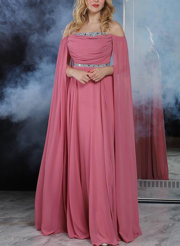 Sheath/Column Off-The-Shoulder Chiffon Evening Dresses With Rhinestone