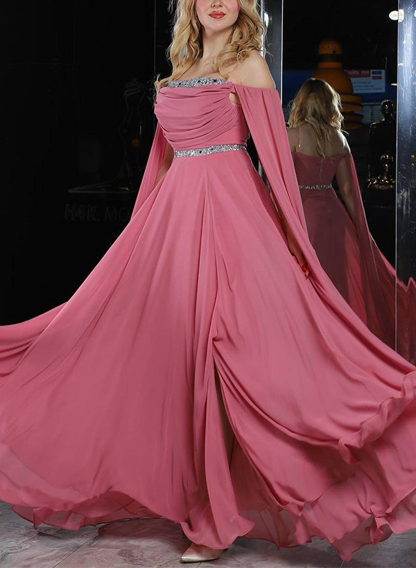 Sheath/Column Off-The-Shoulder Chiffon Evening Dresses With Rhinestone