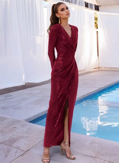 Sheath/Column V-Neck Long Sleeves Ankle-Length Sequined Evening Dresses