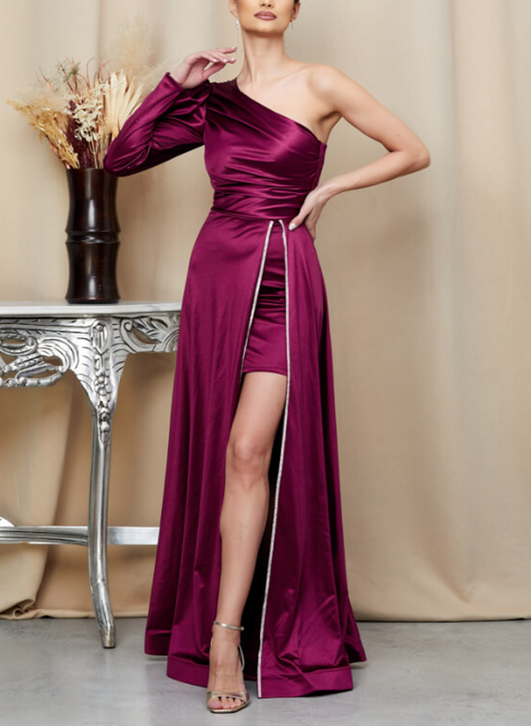 Column One-Shoulder Long Sleeves Silk Like Satin Evening Dresses With Split Front