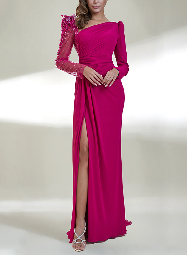 Sheath/Column Asymmetrical Long Sleeves Evening Dresses With Split Front