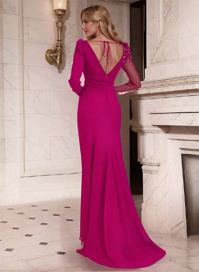 Sheath/Column Asymmetrical Long Sleeves Evening Dresses With Split Front