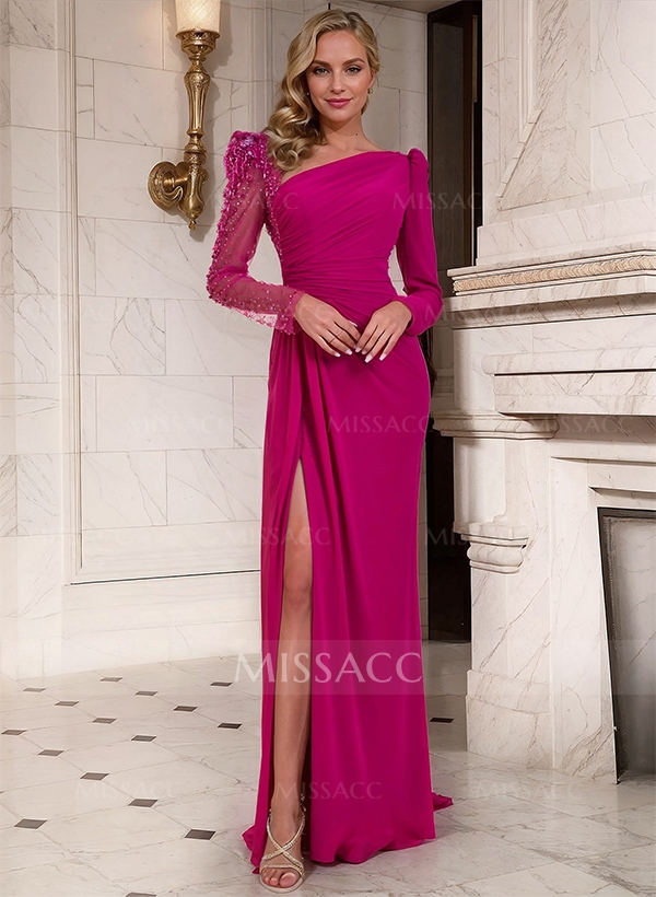 Sheath/Column Asymmetrical Long Sleeves Evening Dresses With Split Front