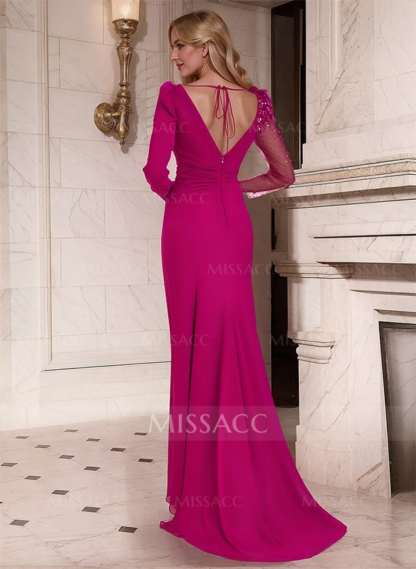 Sheath/Column Asymmetrical Long Sleeves Evening Dresses With Split Front