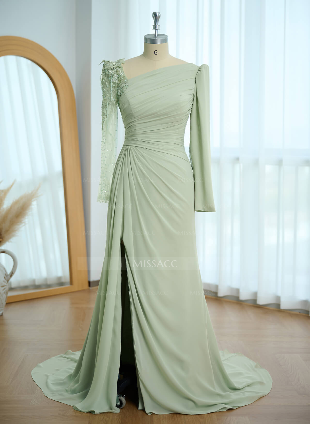 Sheath/Column Asymmetrical Long Sleeves Evening Dresses With Split Front