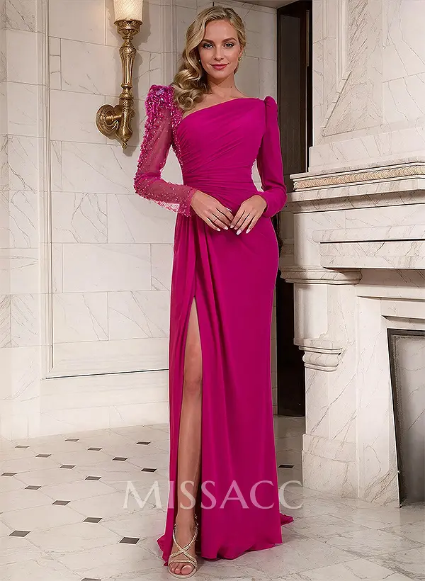 Sheath/Column Asymmetrical Long Sleeves Evening Dresses With Split Front -  Missacc