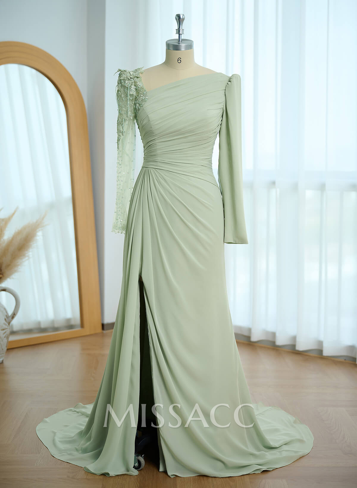 Sheath/Column Asymmetrical Long Sleeves Evening Dresses With Split Front