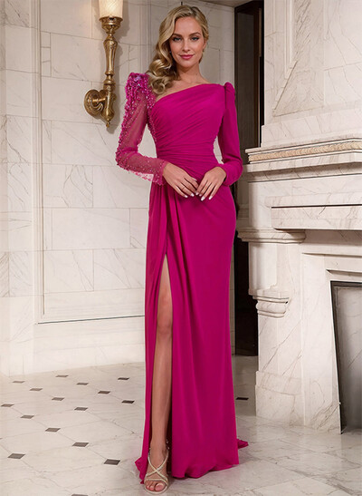Sheath/Column Asymmetrical Long Sleeves Evening Dresses With Split Front