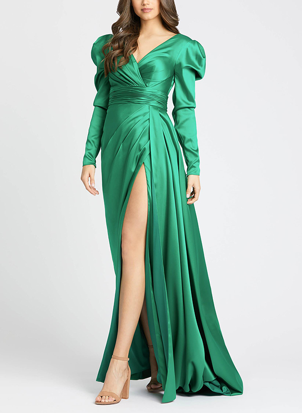 V-Neck Long Sleeves Sweep Train Evening Dresses With Split Front