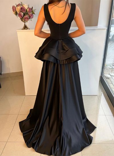 A-Line Scoop Neck Elastic Satin Evening Dresses With Cascading Ruffles