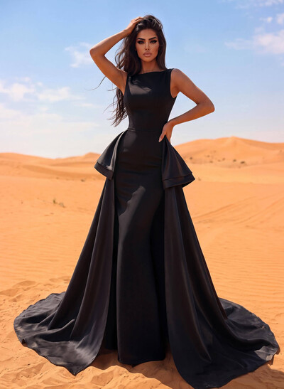 A-Line Scoop Neck Satin Evening Dresses With Cascading Ruffles