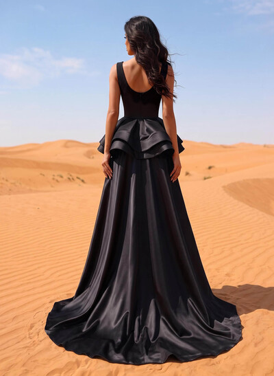 A-Line Scoop Neck Satin Evening Dresses With Cascading Ruffles