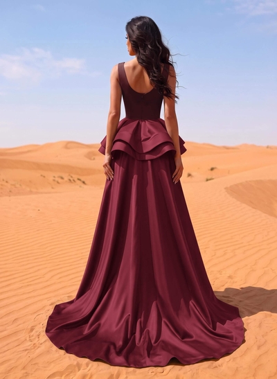 A-Line Scoop Neck Satin Evening Dresses With Cascading Ruffles