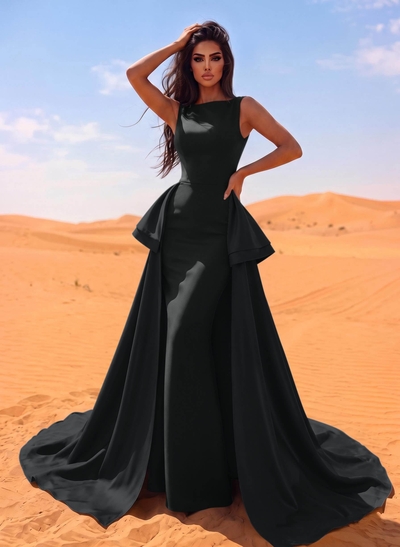 A-Line Scoop Neck Satin Evening Dresses With Cascading Ruffles