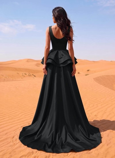 A-Line Scoop Neck Satin Evening Dresses With Cascading Ruffles