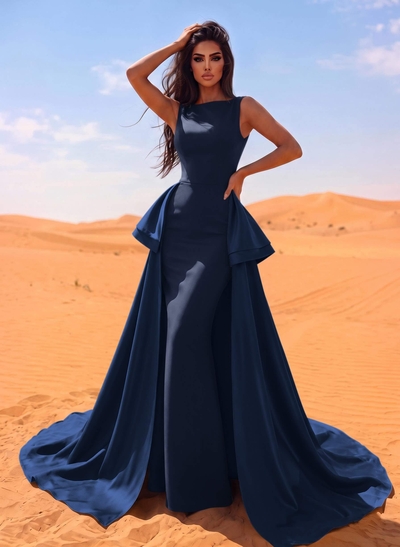 A-Line Scoop Neck Satin Evening Dresses With Cascading Ruffles
