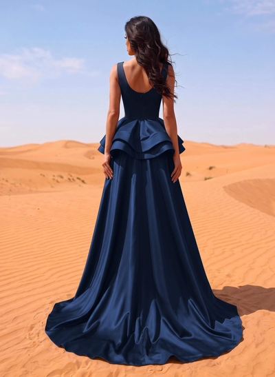 A-Line Scoop Neck Satin Evening Dresses With Cascading Ruffles