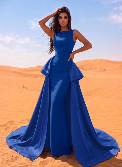 A-Line Scoop Neck Satin Evening Dresses With Cascading Ruffles