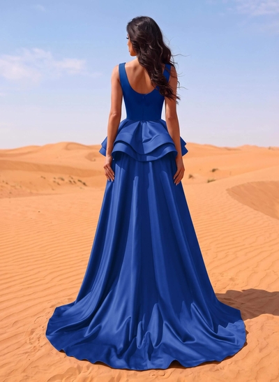 A-Line Scoop Neck Satin Evening Dresses With Cascading Ruffles
