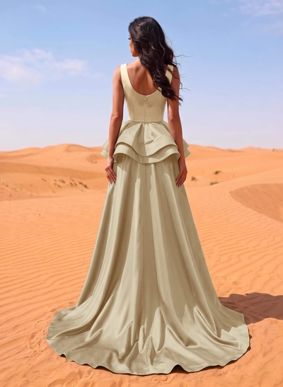 A-Line Scoop Neck Satin Evening Dresses With Cascading Ruffles