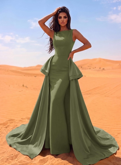 A-Line Scoop Neck Satin Evening Dresses With Cascading Ruffles