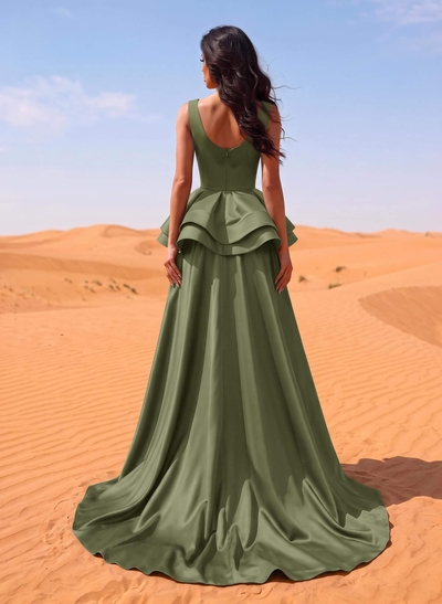 A-Line Scoop Neck Satin Evening Dresses With Cascading Ruffles