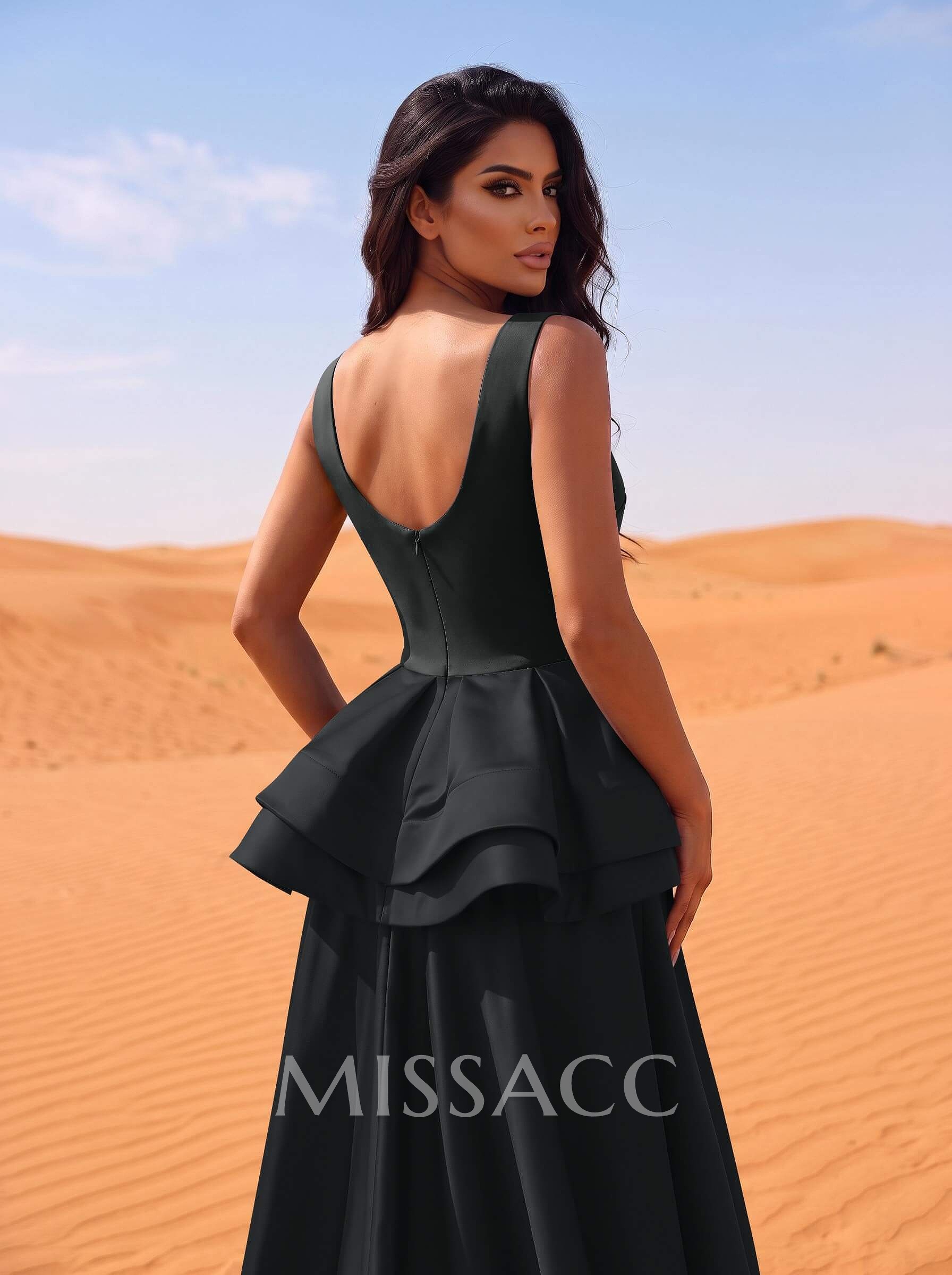 A-Line Scoop Neck Satin Evening Dresses With Cascading Ruffles