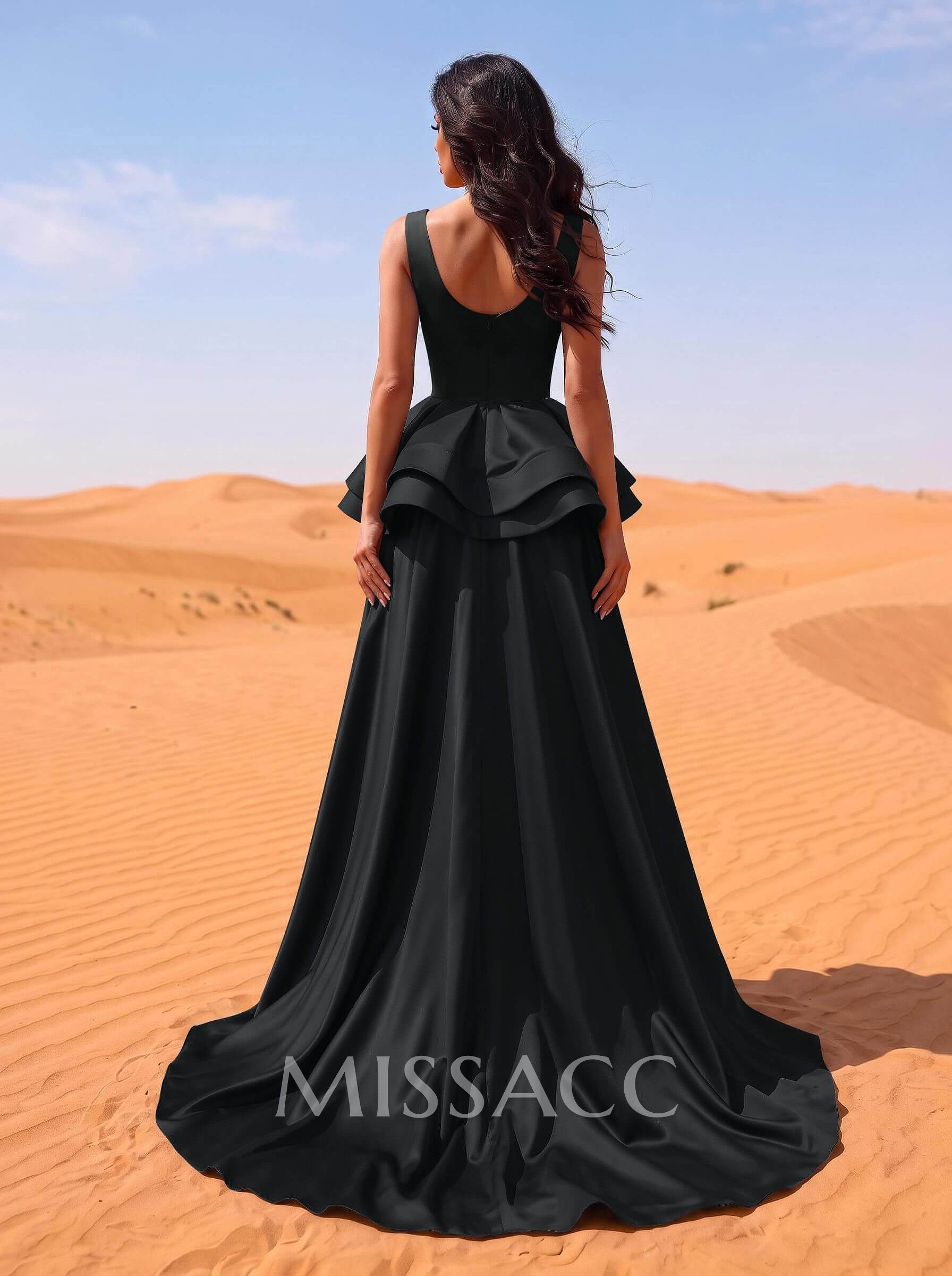 A-Line Scoop Neck Satin Evening Dresses With Cascading Ruffles