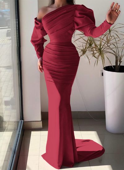 Trumpet/Mermaid Asymmetrical Long Sleeves Elastic Satin Evening Dresses