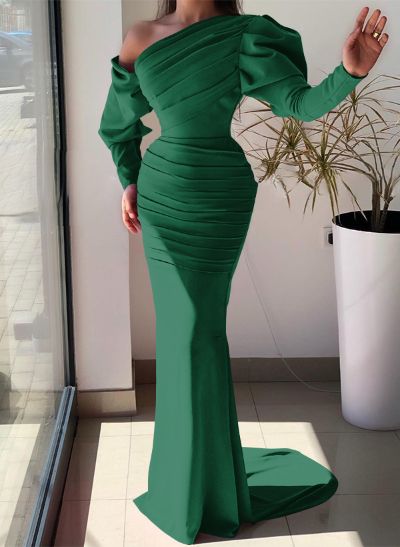 Trumpet/Mermaid Asymmetrical Long Sleeves Elastic Satin Evening Dresses