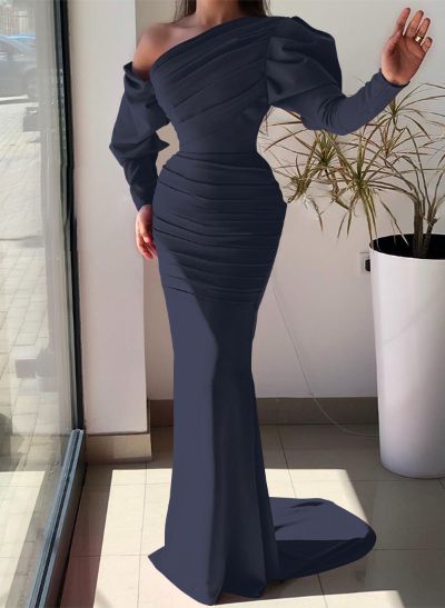 Trumpet/Mermaid Asymmetrical Long Sleeves Elastic Satin Evening Dresses